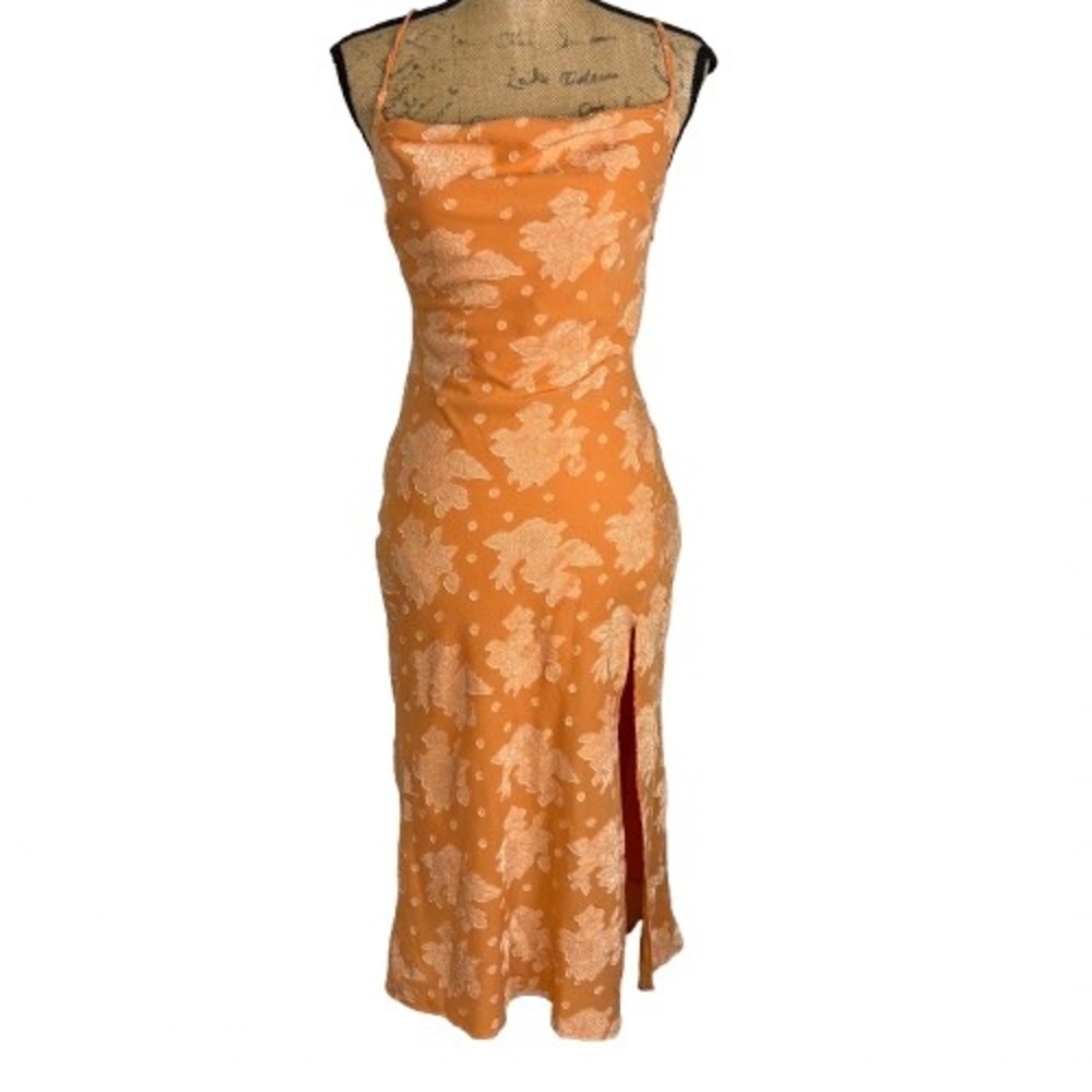 Hello Molly Drinks On Me Midi Dress Orange Floral Jacquard Cowl Neck Size XS
